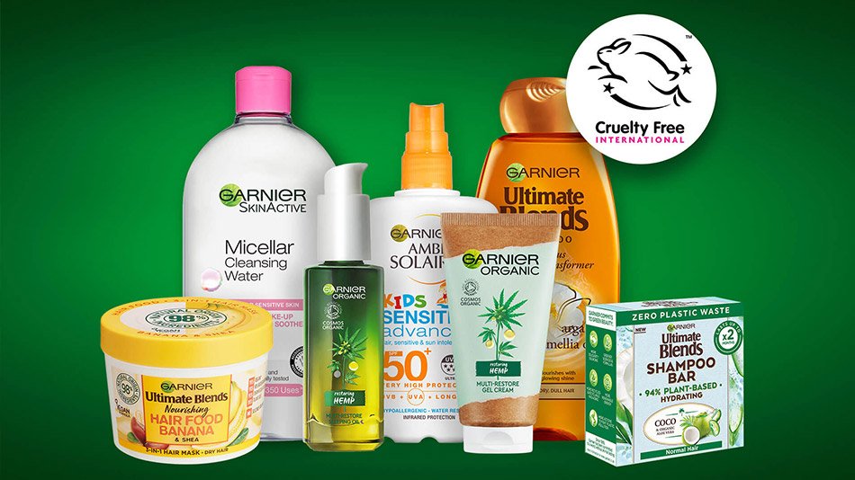 Garnier products next to cruelty free international logos